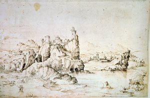Un castello su una roccia in un paesaggio montano, 1540 da Gherado Cibo