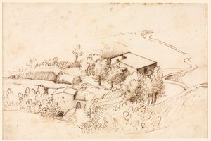 Fattoria con alberi in un paesaggio collinare (verso) da Gherardo Cibo