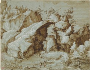 Paesaggio roccioso con un arco naturale da Gherardo Cibo