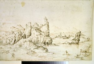 Un castello su una roccia in un paesaggio montano da Gherardo Cibo