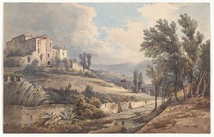 Paesaggio con una villa su una collina e un ponte nei pressi di Cava