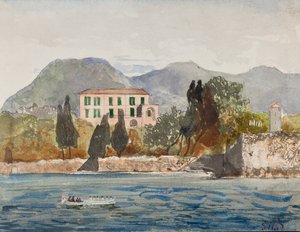 Chiatta a remi con la bandiera dei Borbone che si avvicina a una grande casa sulla costa napoletana, con aggiunte del Principe Gaetano Maria Federico di Borbone (1846-1871)