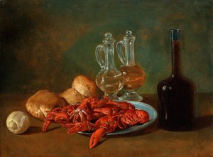 Natura morta con piatto di peltro, gamberetti, un limone, ampolle di vetro, pane e una bottiglia di vino