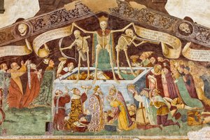 La Morte in piedi su un sarcofago dove giacciono il Papa morto e l