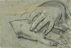Mani incrociate (recto); piede destro, parzialmente coperto da un drappeggio (verso) da Giacomo Cavedone