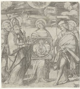 Cinque santi patroni di Bologna con immagine di Maria