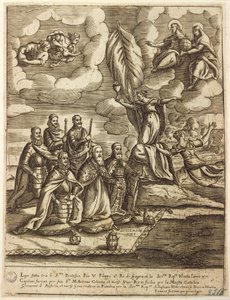 Allegoria della Lega Santa del 1571 stipulata da Papa Pio V, Filippo di Spagna e Doge di Venezia Alvise Mocenigo, incisione di Giacomo Franco (1556-1620)
