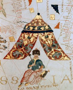 Dettaglio di una mappa del cartografo Giacomo de Maggiolo raffigurante il Sultano Solimano I detto il Magnifico (1520-1566) chiamato 
