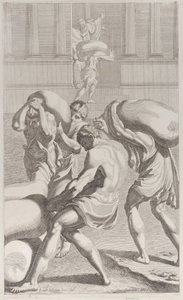 Uomini che portano sacchi di piombo nel monastero di San Benedetto