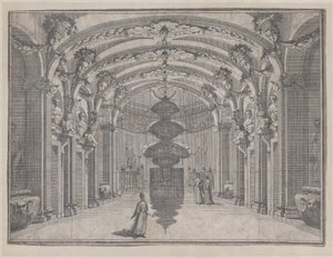 Scena Teatrale in una Grande Sala con un Soffitto a Volta e una Scultura Centrale, ca. 1687-1717 da Giacomo Maria Giovannini