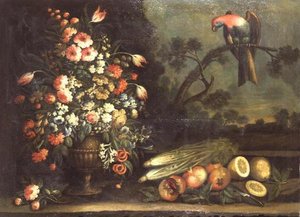 Natura morta, fiori misti, verdure e pappagallo