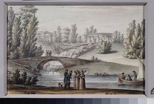 Il tempio di Apollo e la cascata nel parco Pavlovsk da Giacomo Quarenghi
