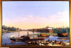 Veduta del porto di Pavia sul Po e del piroscafo Principessa Clementina