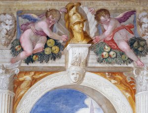Putti con busto di un eroe tra mascheroni e festoni di frutta