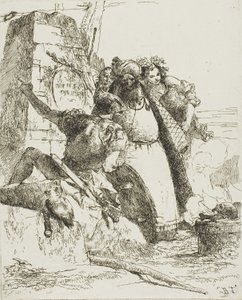 Un mago, un soldato e tre figure che osservano un teschio in fiamme, da Scherzi da Giambattista Tiepolo