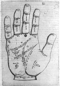 Chiromanzia e predizione divinatoria: rappresentazione delle diverse linee della mano che permettono l