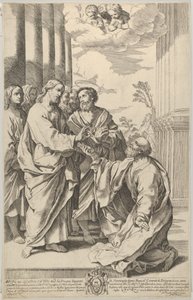 Cristo che dà le chiavi della chiesa a San Pietro che si inginocchia davanti a lui, dopo Guido..., 1640-70 da Gian Battista Bolognini