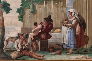 Famiglia di contadini a tavola, dalla stanza delle scene rustiche, nella Foresteria da Giandomenico  Tiepolo