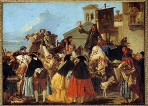 Un dentista che rimuove un dente e lo brandisce come un trofeo al Carnevale di Venezia da Giovanni Domenico Tiepolo