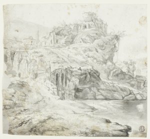 Promontorio roccioso con rovine e cascate (recto); schizzo di scogliera con edifici (verso) da Giles Edme Petit