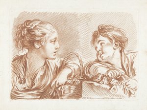 Giovane donna con cesto di fiori e ragazzo