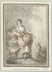 Giovane donna con cane e gallo e gallina