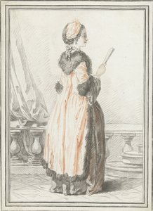 Donna in piedi con ventaglio in mano da Gilles Demarteau