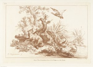 Volpe con zampa in trappola e cigno e anatre in volo vicino all