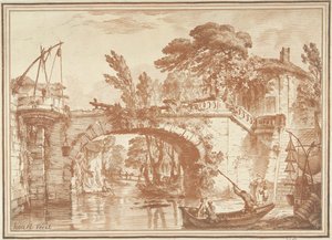 Paesaggio meridionale con ponte e case vicino al fiume da Gilles Demarteau