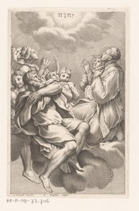 Gruppo di uomini e donne sulle nuvole in adorazione del tetragramma da Gilles Rousselet