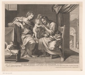Sacra Famiglia e angelo che prepara una culla
