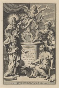 Figure bibliche rivelano il ritratto di Mosè (pagina del titolo per Wilhelmus Goeree, Voor-bereidselen tot de bybelsche wysheid, en gebruik der heilige en kerklijke historien, 1690) da Gilliam van der Gouwen