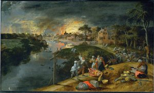 Scena di guerra e di fuoco ... da Gillis (workshop of) Mostaert