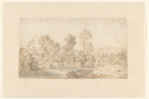 Paesaggio collinare con alberi alti lungo un fiume da Gillis Claesz de Hondecoeter