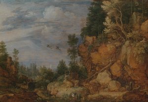 Paesaggio roccioso con cervi e capre
