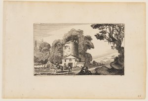 Sentiero davanti alla fattoria dominato da una torre rotonda, da Dodici paesaggi con figure da Gillis van Scheyndel