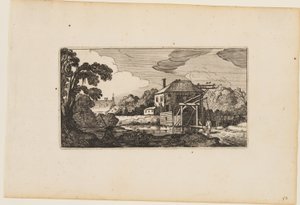 Stagno davanti a un ponte di legno e a una casa, da Dodici paesaggi con figure da Gillis van Scheyndel
