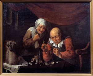 La coppia avida di vecchi che pesa i loro beni da Gillis van Tilborgh