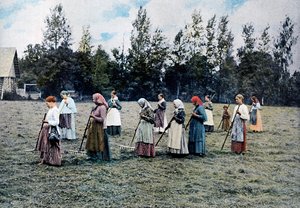 Fienagione intorno a Mosca, Russia, c1890