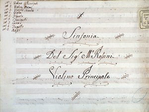 Dettaglio della prima pagina della partitura musicale per violino di una sinfonia di Gioacchino Rossini