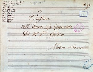 Pagina del titolo della partitura musicale per violino per la sinfonia in Cenerentola, o La bontà trionfante di Gioacchino Rossini