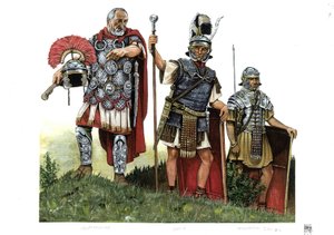 Roma antica: un centurione, un optio (messaggero tra centurioni e decurioni) e un legionario. II secolo