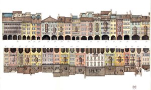 Architettura: veduta piana di Via dei Portici, galleria coperta con portico, insieme a case colorate, dalla città di Bolzano, Italia Illustrazione di Giorgio Albertini. (L
