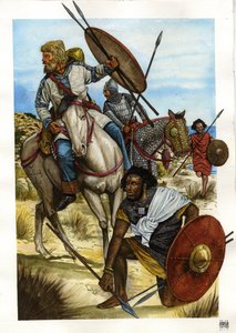 Barbaro: un guerriero alano, un vandalo (biondo a cavallo) e un berbero (soldato alano, vandalo e berbero)