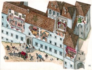 Arte barocca: veduta e sezione architettonica del palazzo Chigi ad Ariccia, nel Lazio, nel XVII secolo. Sono visibili gli interni delle stanze della famiglia e le dipendenze della servitù. Italia da Giorgio Albertini