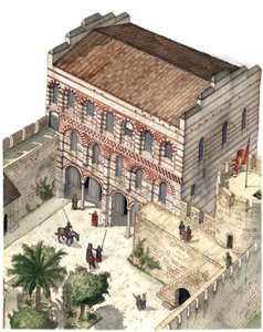 Arte bizantina: ricostruzione del palazzo di Costantino Porfirogenito nella Costantinopoli del XIII secolo.