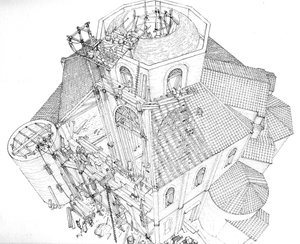 Arte bizantina: rappresentazione del cantiere della Basilica di San Vitale (San Vitale o San Vitale) a Ravenna nel V secolo. Veduta aeriana che mostra gli operai sulle impalcature che lavorano alla struttura della cupola. Italia Illustrazione di Giorgi