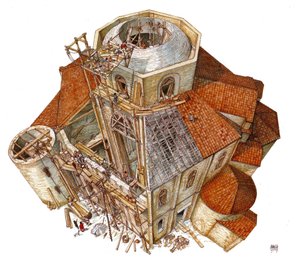 Arte bizantina: rappresentazione del cantiere della Basilica di San Vitale (San Vitale o San Vitale) a Ravenna nel V secolo. Veduta aeriana che mostra gli operai sulle impalcature che lavorano alla struttura della cupola. Italia Illustrazione di Giorgi