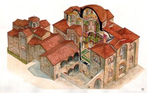 Arte bizantina: veduta e sezione architettonica del monastero di Hosios Loukas (Osios Lukas o Luckas), costruito nell