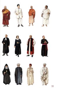 Costumi e abiti di membri del clero di diverse religioni, monaco buddista, ortodosso, cardinale, pastore protestante.